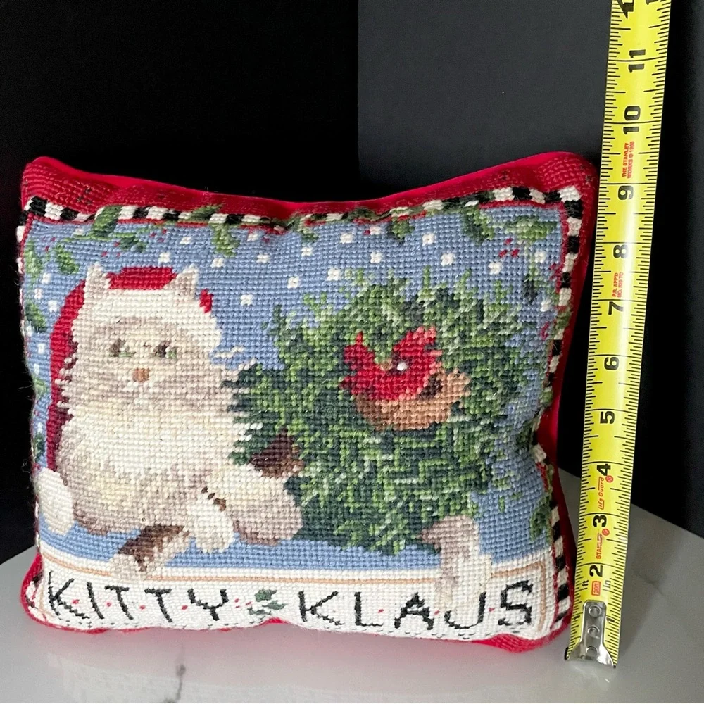 Kitty Klaus Needlepoint Holiday Pillow